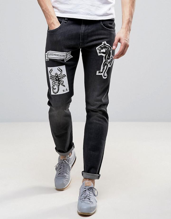 Love Moschino Tattoo Print Slim Fit Jeans - Gray