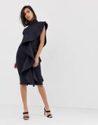 Lavish Alice Asymmetric Draped High Neck Frill Midi Scuba Dress In Navy - Navy