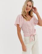 Qed London Tie Front Crop Top In Pink Stripe - Pink