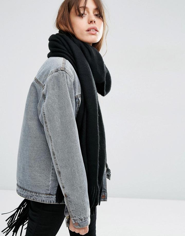 Asos Long Tassel Scarf In Supersoft Knit - Black