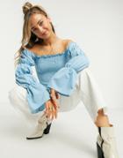 New Look Shirred Bubble Sleeve Top In Blue-green