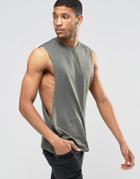 Asos Sleeveless T-shirt With Extreme Dropped Armhole In Khaki - Khaki
