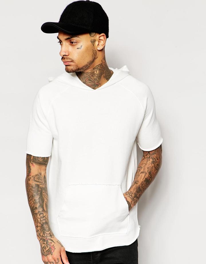 Asos Short Sleeve Hoodie With Raw Edges In Off White - Off White