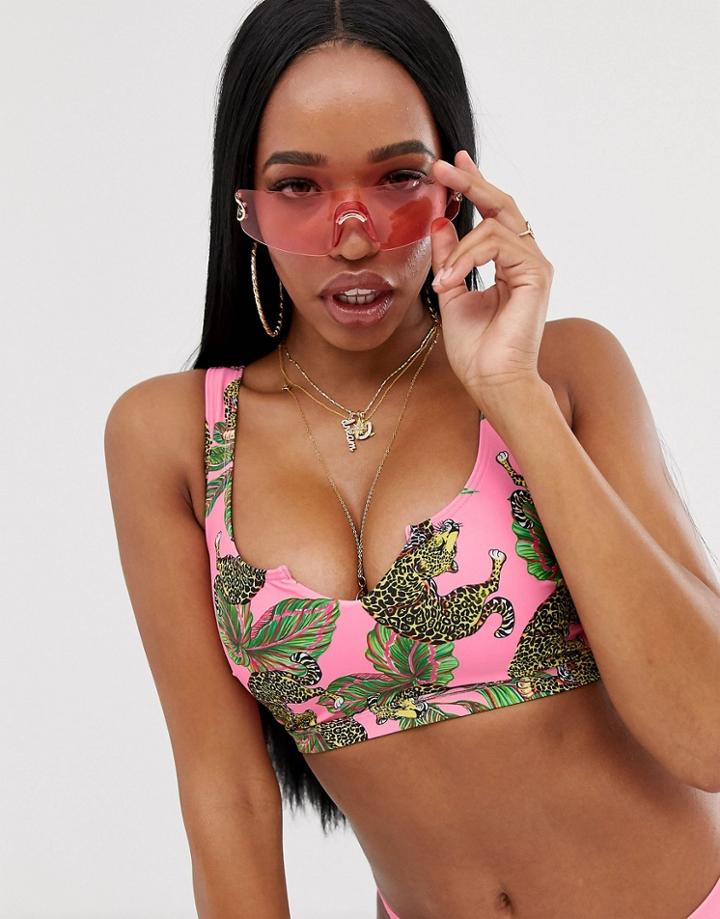 Asos Design Fuller Bust Exclusive Notch Neck Crop Bikini Top In Pink Tropical Tiger Print Dd-g-multi