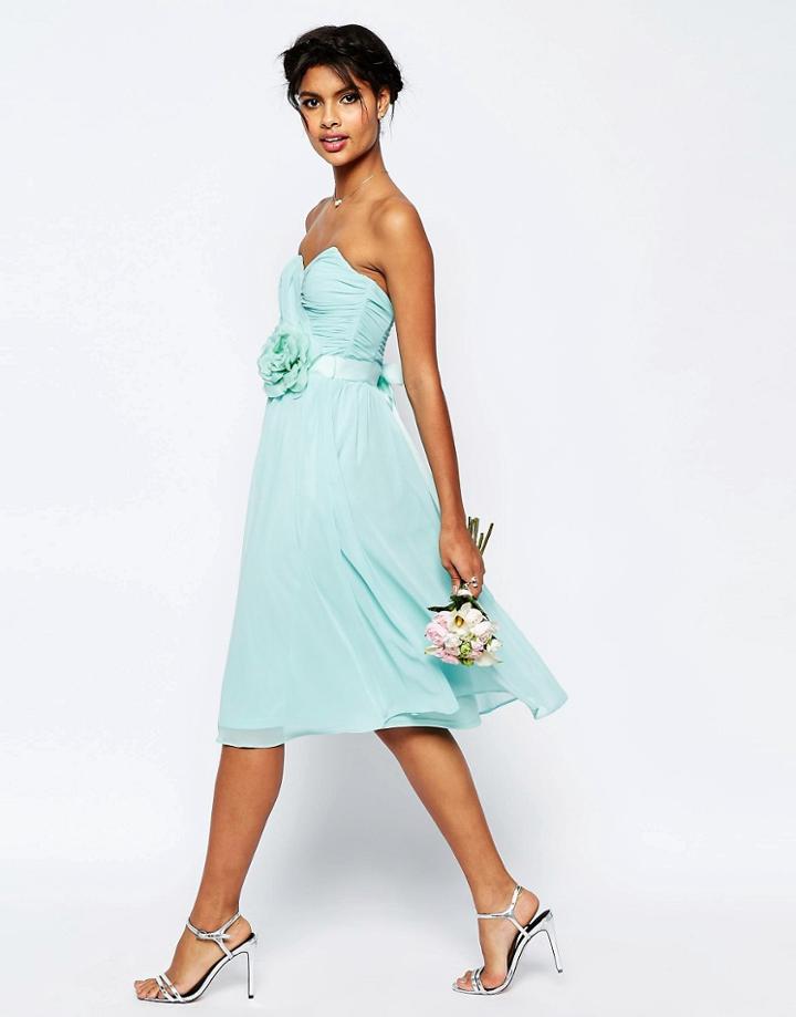 Asos Wedding Chiffon Midi Bandeau Dress With Detachable Corsage Belt - Seafoam