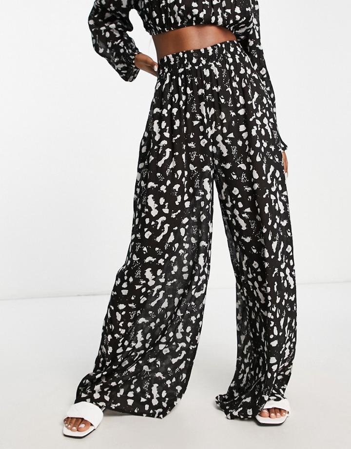 Asos Design Wide Leg Crinkle Beach Pants In Mono Spot Print - Part Of A Set-multi