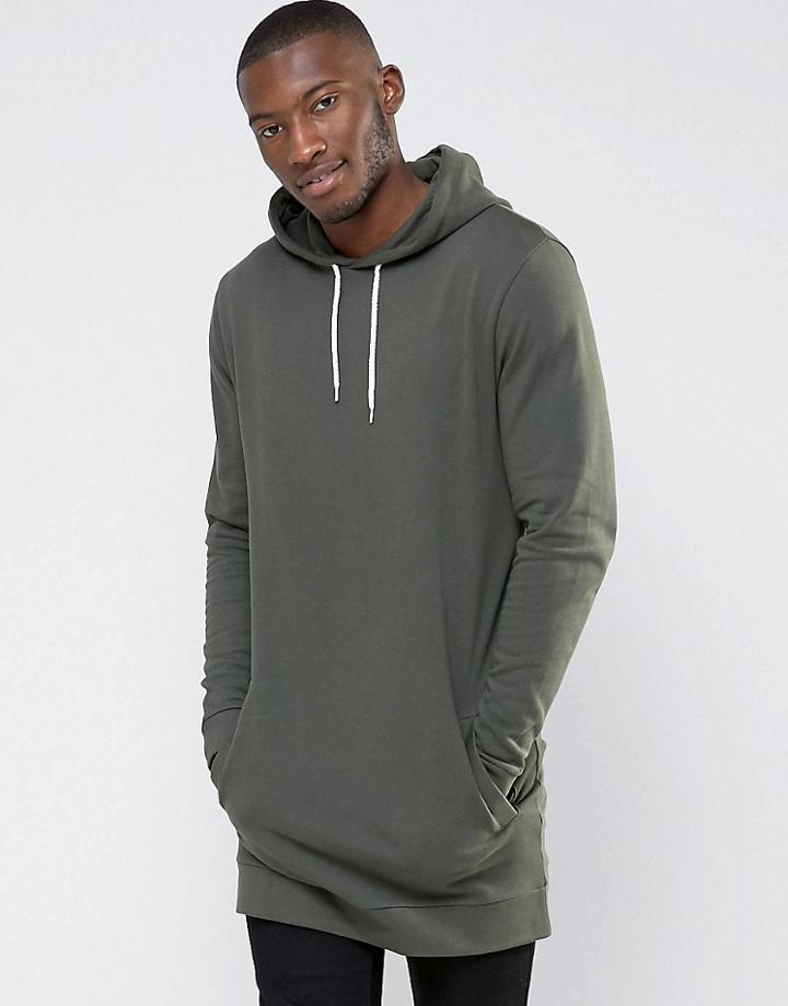 Asos Super Longline Hoodie In Khaki - Green