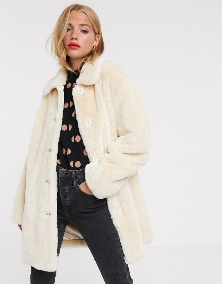 Asos Design Faux Fur Button Through Coat In Cream