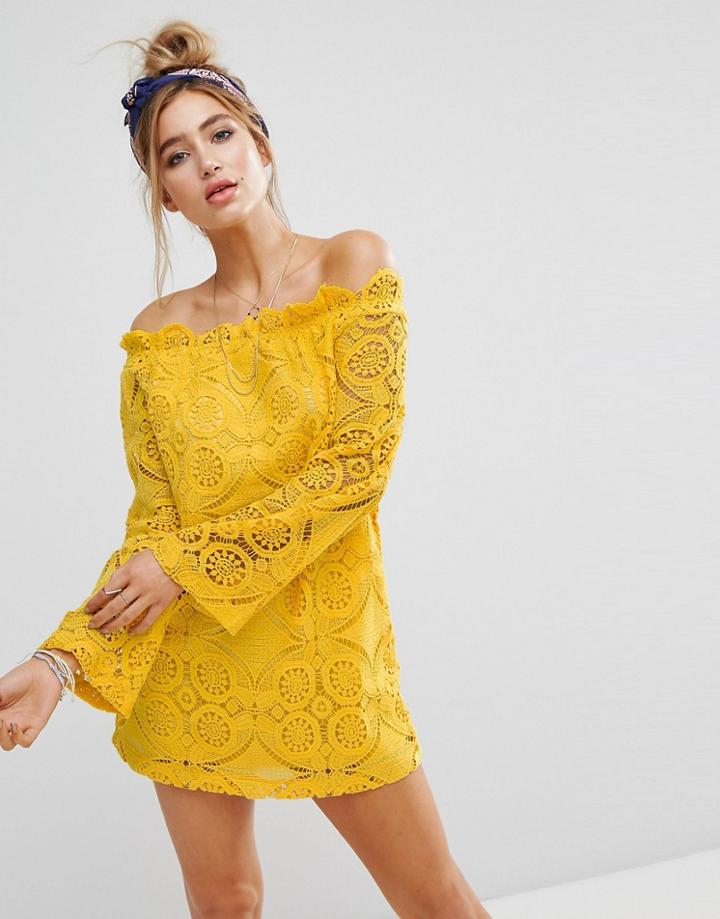 Prettylittlething Lace Bardot Shift Dress - Yellow