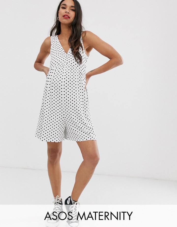 Asos Design Maternity Curved Smock Romper In White Polka Dot-multi