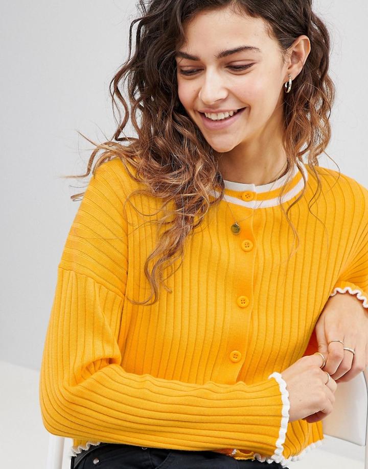 Asos Design Tipped Cardigan In Rib - Yellow