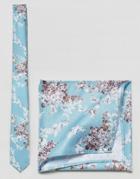 Asos Slim Tie In Blue Floral Design With Pocket Square - Blue