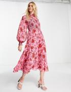 Asos Design High Neck Shirred Bodice Pleated Midi Dress Boho Paisley-multi