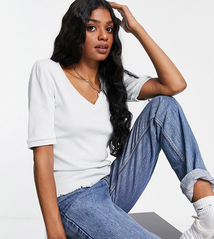 Pieces Tall Organic Cotton V Neck Ribbed Top In Blue-blues