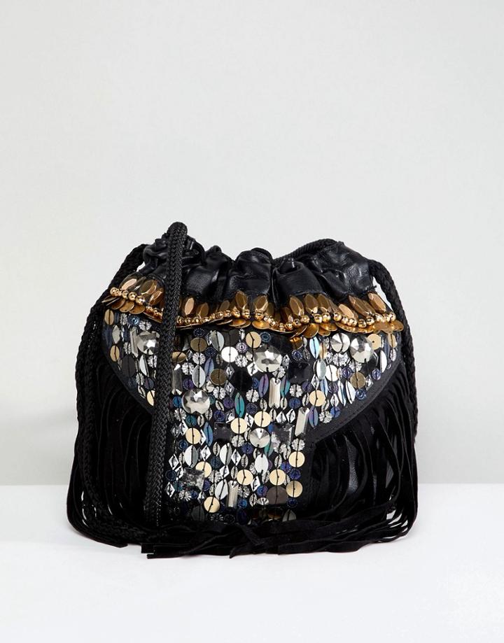 Park Lane Festival Embroidered Real Leather Pouch Shoulder Bag - Black