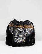 Park Lane Festival Embroidered Real Leather Pouch Shoulder Bag - Black