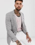 Asos Design Slim Double Breasted Gray Blazer With Pink Prince Of Wales Check