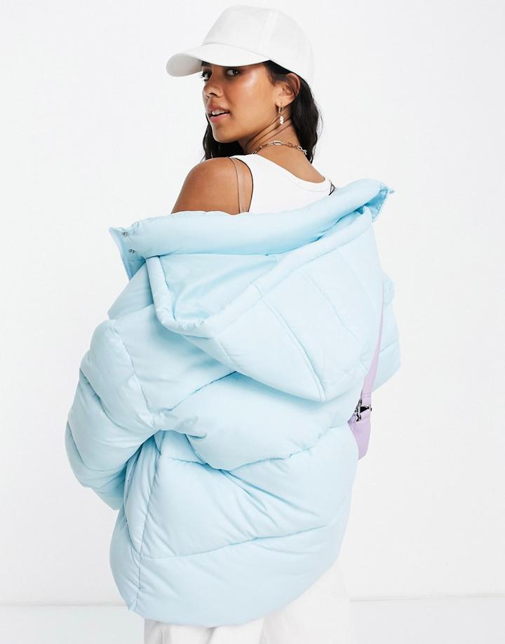 Asos Design Hero Oversized Paneled Puffer Coat With Hood In Blue-blues