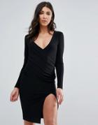 Missguided Black Long Sleeve Wrap Split Hem Midi Dress - Black