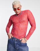 Asos Design Muscle Turtle Neck Long Sleeve T-shirt In Red Printed Mesh In Recycled Polyester