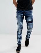 Liquor & Poker Mid Blue Extreme Bleached Slim Jeans - Blue