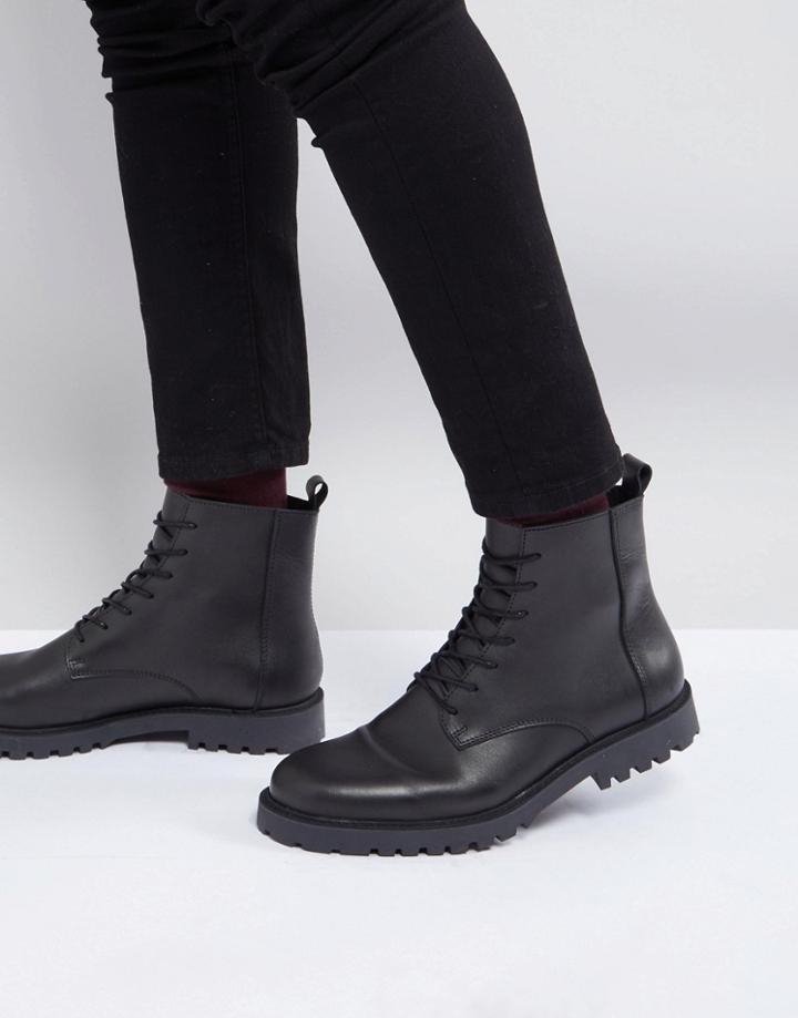 Zign Leather Lace Up Boots In Black - Black