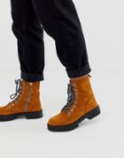 Pull & Bear Suede Lace Front Chunky Sole Hiker Boots In Caramel-brown