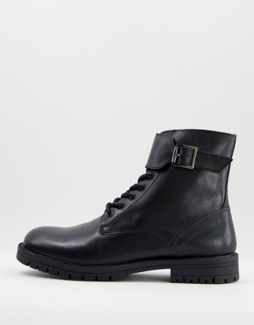 Silver Street Lace Up Boots With Buckle In Black Leather