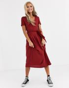 Asos Design Textured Midi Pleated Dress With Belt In Red