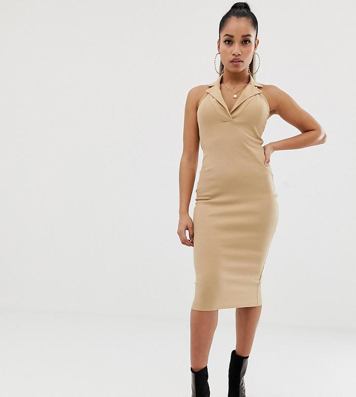 Asos Design Petite Midi Rib Dress With Collar-beige