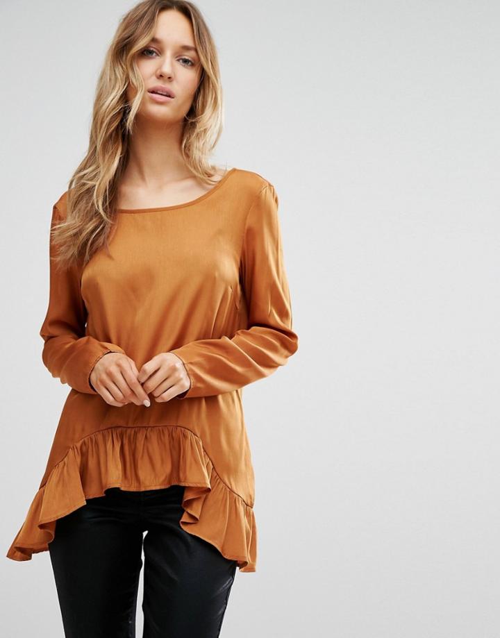 Vila Long Sleeve T-shirt With Peplum Hem - Tan