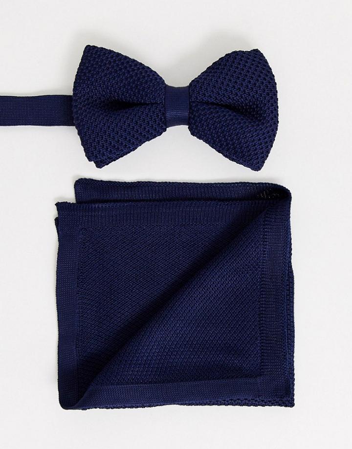 Asos Design Knitted Bow Tie In Navy & Pocket Square - Navy