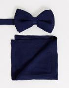 Asos Design Knitted Bow Tie In Navy & Pocket Square - Navy