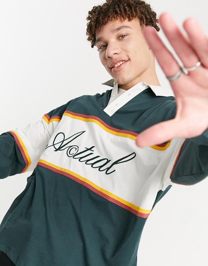 Asos Actual Oversized Rugby Polo In Stripe With Logo-green