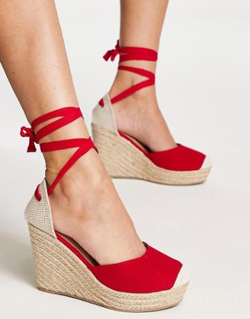 London Rebel High Tie Leg Espadrille Wedges In Red-no Color