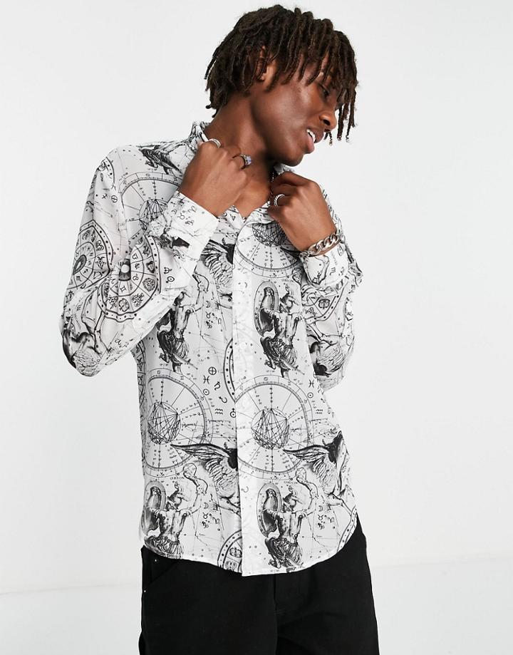 Asos Design Sheer Shirt In Zodiac Print-white