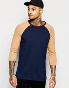 Asos 3/4 Sleeve T-shirt With Contrast Raglan Sleeves With Contrast Neck Trim - Navy