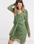 Vila Chiffon Mini Dress With Ruched Front In Green Floral-multi