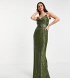 Asos Design Tall Cami Embellished Maxi Dress In Khaki-green