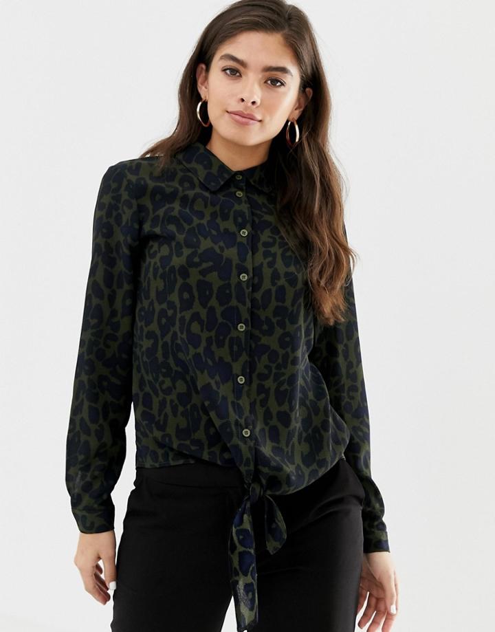 Brave Soul Emma Leopard Print Shirt With Tie Front - Green
