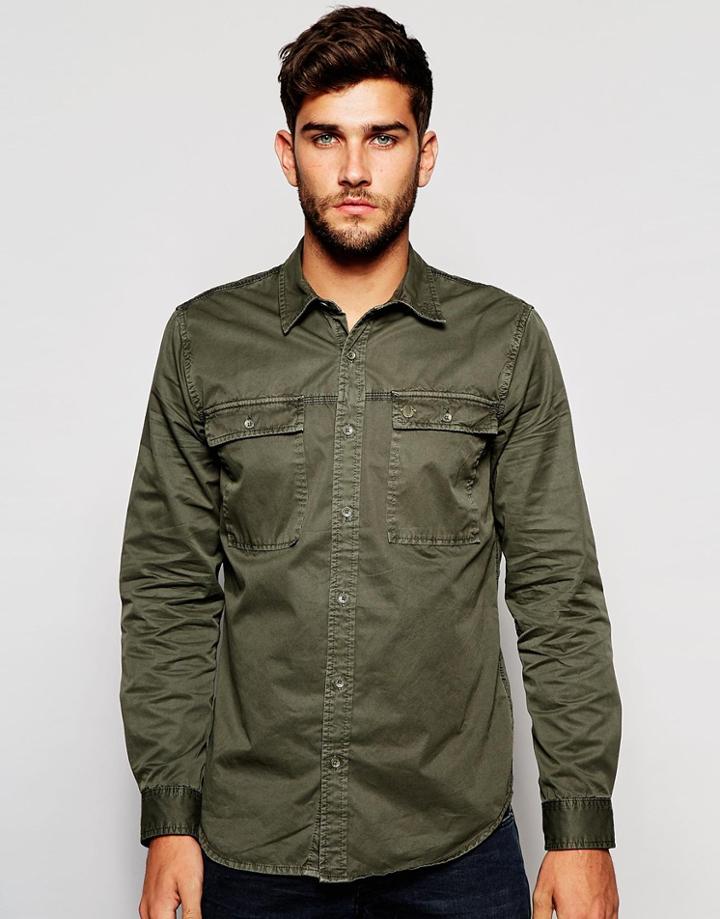 True Religion Workwear Shirt In Faded Olive - Faded Olive