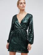 Outrageous Fortune Sequin Wrap Front Long Sleeve Skater Dress In Emerald Green - Green