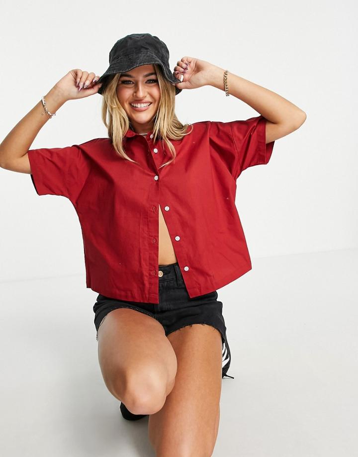 Daisy Street Crop Boxy Y2k Shirt In Red Poplin With Contrast Buttons