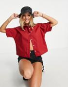 Daisy Street Crop Boxy Y2k Shirt In Red Poplin With Contrast Buttons