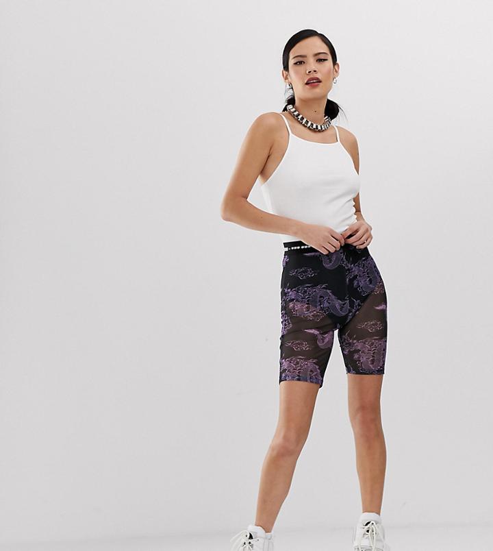 Collusion Mesh Legging Shorts In Dragon Print With Lettuce Edge - Multi