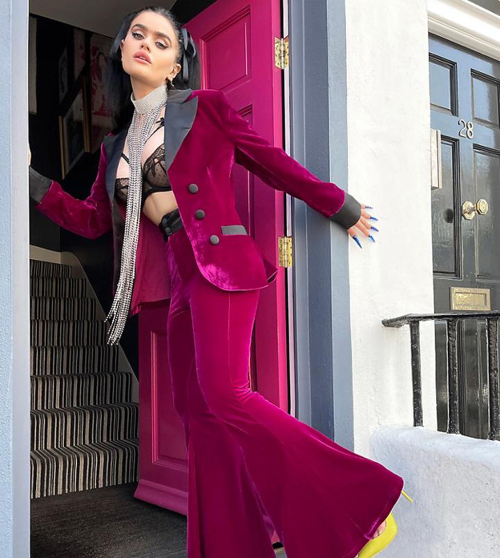 Labelrail X Sophia Hadjipanteli Velvet Slim Fit Suit Pants In Plum - Part Of A Set-red