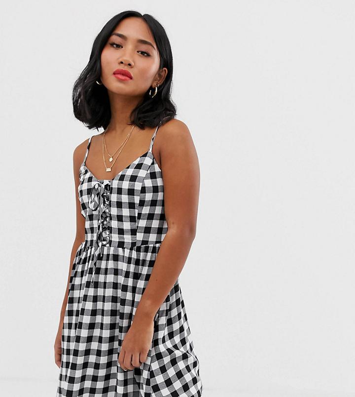 New Look Petite Lace Up Front Dress In Black Gingham
