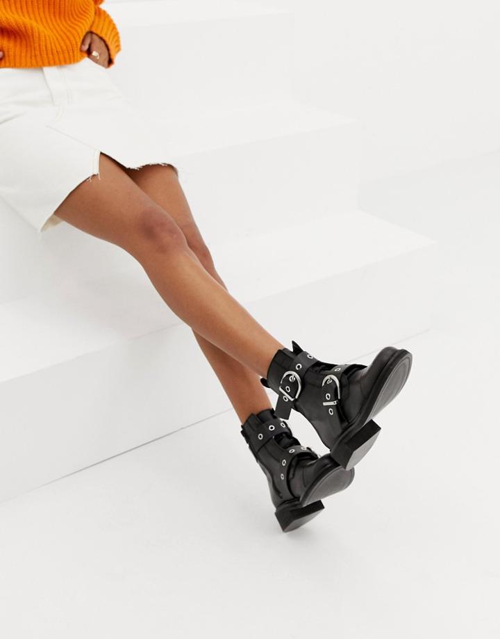 Pull & Bear Lace Front Leather Boots With Rounded Buckle - Black