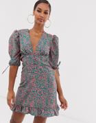 John Zack Tea Dress With Buttons And Tie Sleeve Details In Pink Splodge Print - Multi