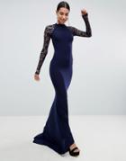 Club L Open Back Slinky Fishtail Maxi Dress With Detailed Lace Open Back - Navy